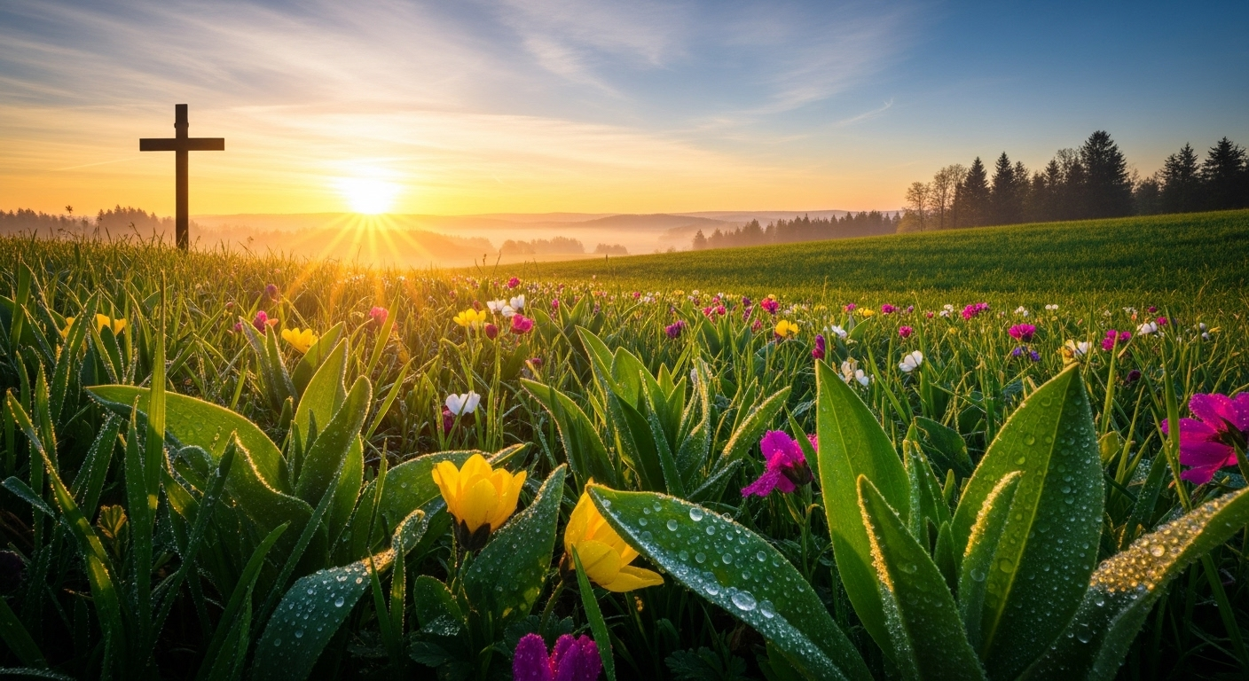 A beautiful sunrise over a vibrant spring landscape with blooming flowers and a subtle cross silhouette, representing new life and hope.