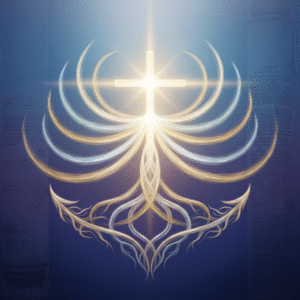 A central, glowing cross emitting twelve interwoven streams of golden light that form a conceptual foundation, set against an ethereal blue and purple background, symbolizing core Christian doctrines and unwavering truth.