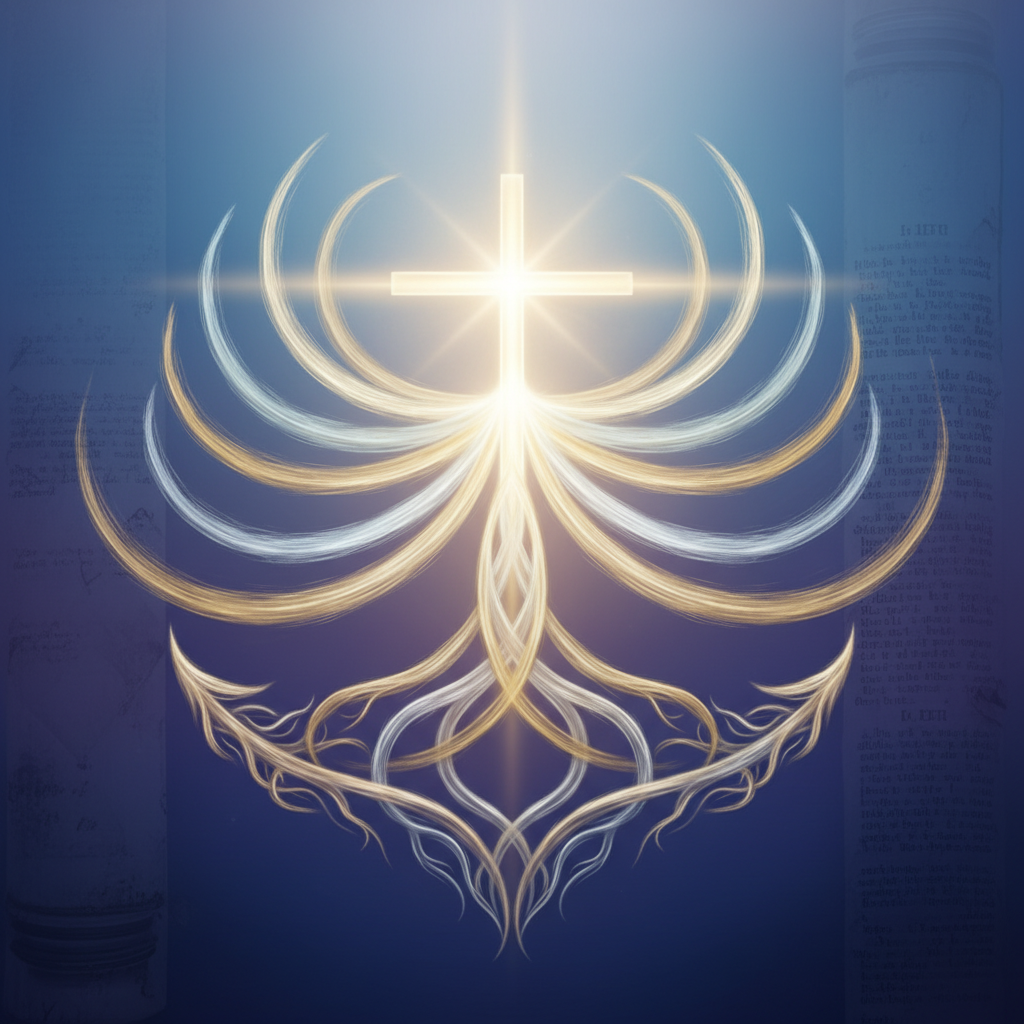 A central, glowing cross emitting twelve interwoven streams of golden light that form a conceptual foundation, set against an ethereal blue and purple background, symbolizing core Christian doctrines and unwavering truth.