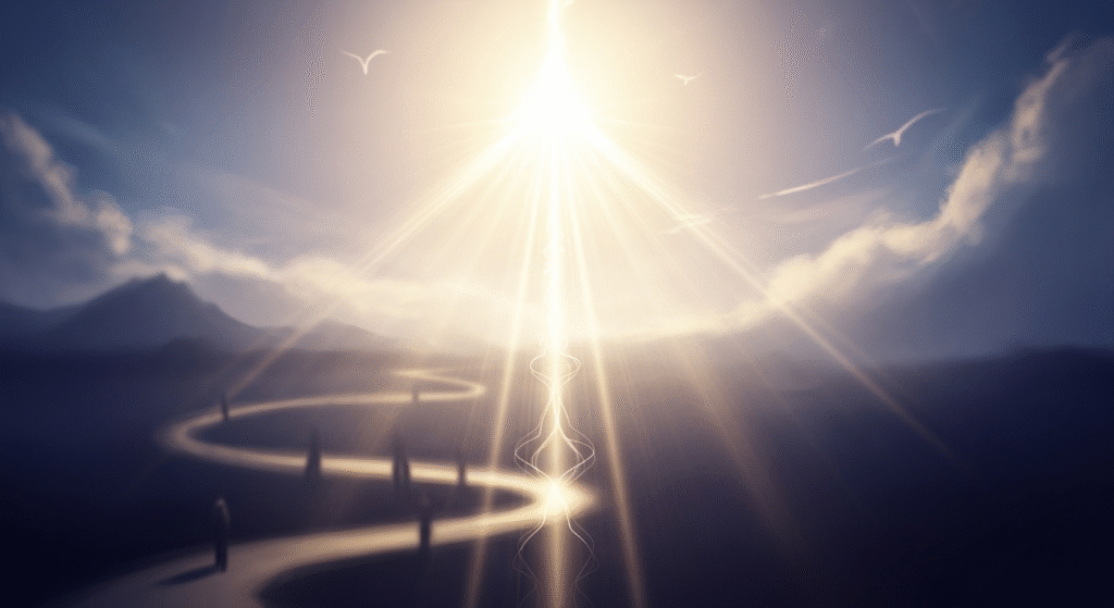 A conceptual digital painting depicting a brilliant, soft golden-white light at the center, symbolizing Jesus, which draws the viewer's gaze. Surrounding elements are muted and out of focus, representing life's journey and distractions, conveying a sense of unwavering focus and spiritual guidance.