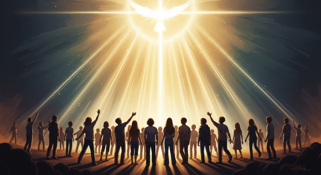 A conceptual digital painting depicting a radiant divine light, subtly suggesting a cross or dove, illuminating and transforming a stylized group of young people, symbolizing the spiritual awakening of the Jesus Revolution.