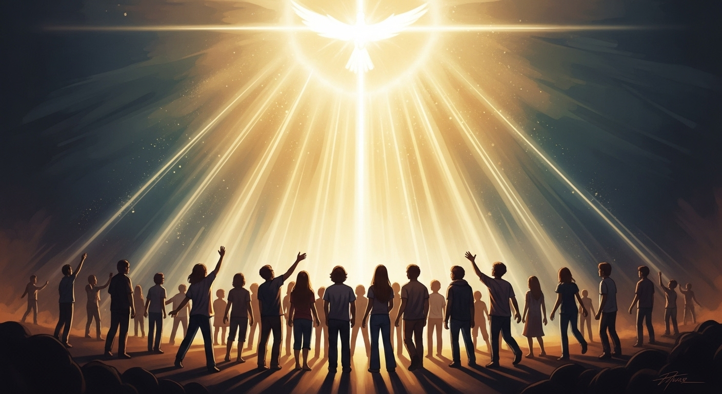 A conceptual digital painting depicting a radiant divine light, subtly suggesting a cross or dove, illuminating and transforming a stylized group of young people, symbolizing the spiritual awakening of the Jesus Revolution.
