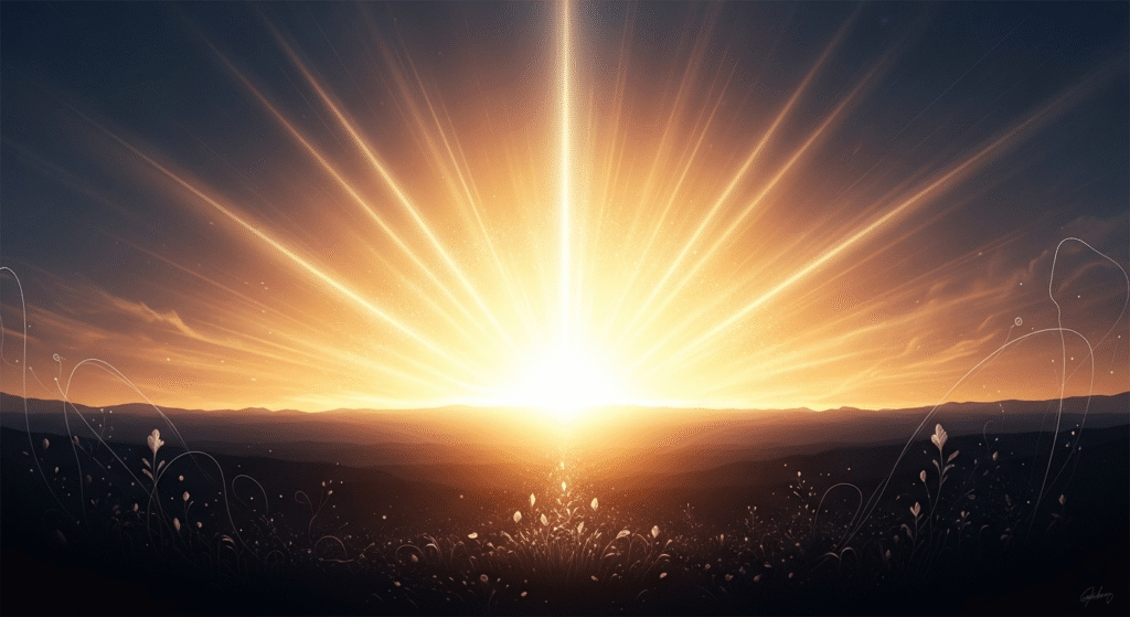 A conceptual digital painting depicting a radiant, golden sunrise over a dark landscape, symbolizing the transformative hope and triumph of Christ's resurrection.
