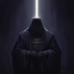 A conceptual digital painting showing a dominant, shadowy form representing high priestly authority and judgment, with subtle hints of ancient regalia, contrasted by a singular, ethereal beam of divine light.