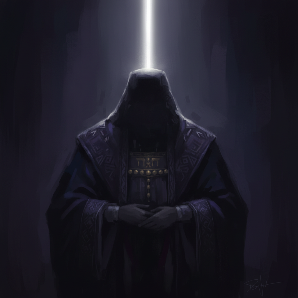 A conceptual digital painting showing a dominant, shadowy form representing high priestly authority and judgment, with subtle hints of ancient regalia, contrasted by a singular, ethereal beam of divine light.