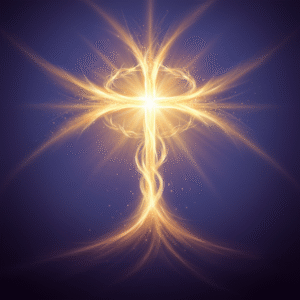 A conceptual digital painting showing a luminous, abstract cross radiating golden light from deep, solemn shadows, symbolizing Christ's sacrifice, divine love, and redemption on Good Friday.