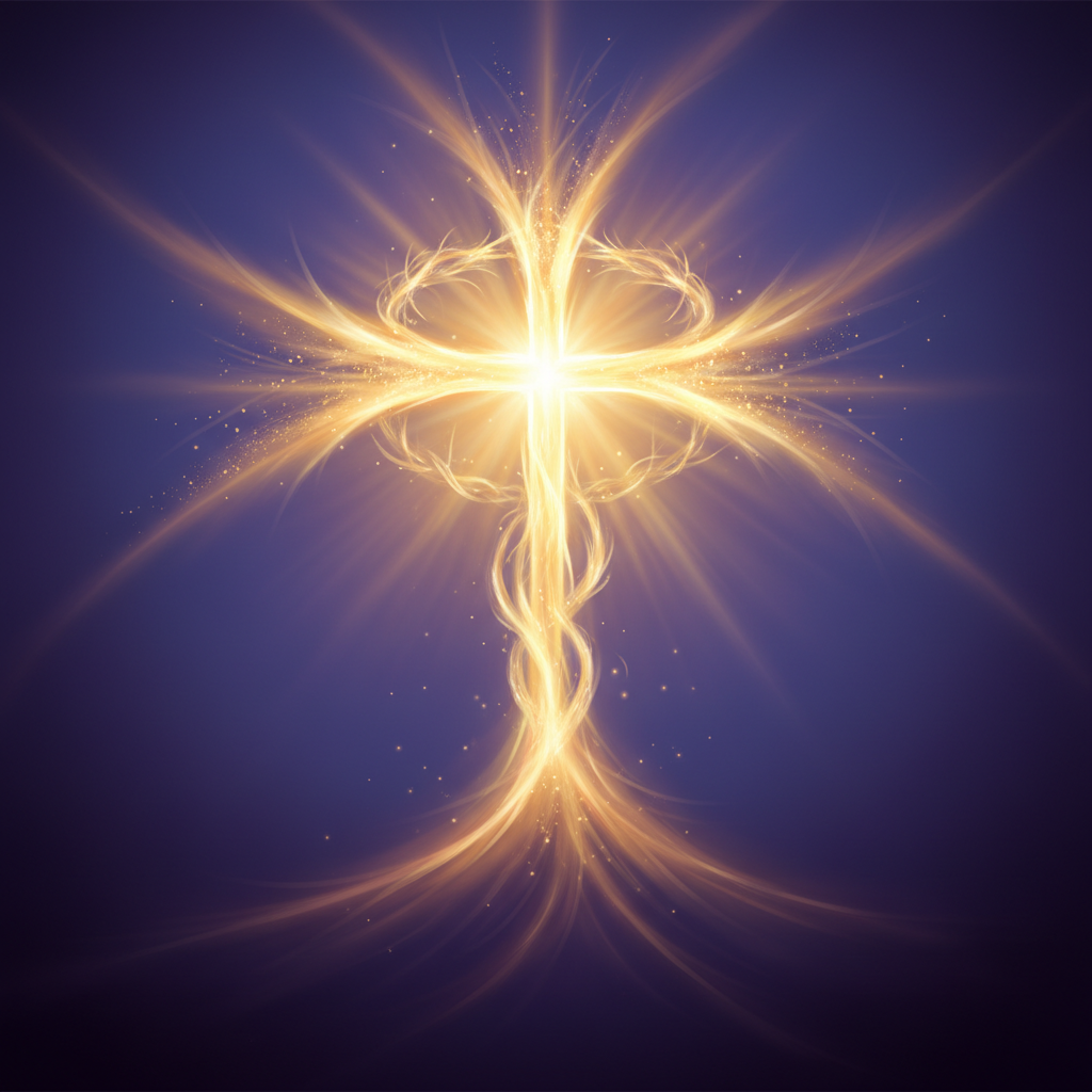 A conceptual digital painting showing a luminous, abstract cross radiating golden light from deep, solemn shadows, symbolizing Christ's sacrifice, divine love, and redemption on Good Friday.