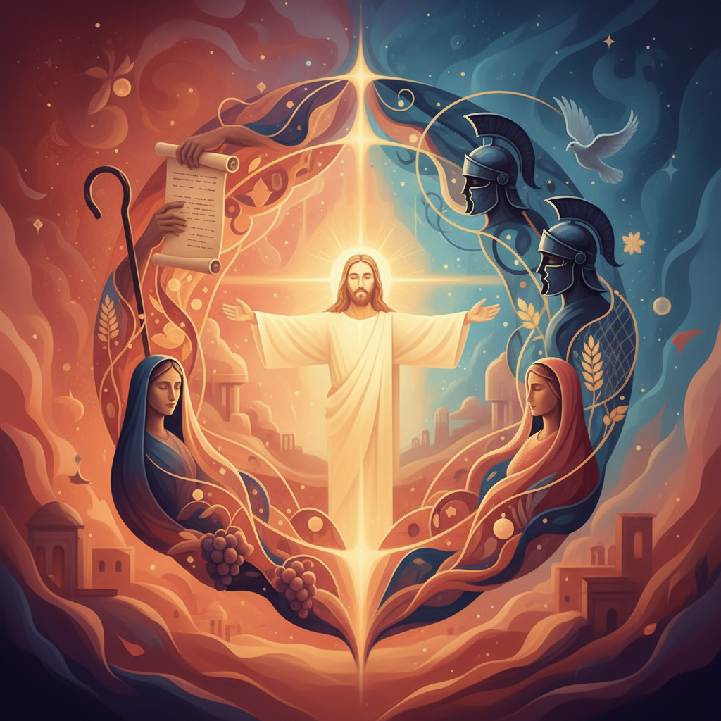 A conceptual digital painting showing a luminous, subtle figure of Jesus Christ at the center, surrounded by an interconnected tapestry of abstract forms and symbolic elements representing various biblical figures and contemporaries from His time, highlighting their roles in God's redemptive plan.