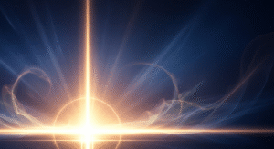 A conceptual digital painting showing a radiant golden light emanating into a cosmic indigo background, with subtle iridescent mist and an abstract, light-outlined cross, symbolizing Jesus Christ as divine truth, light, and salvation.