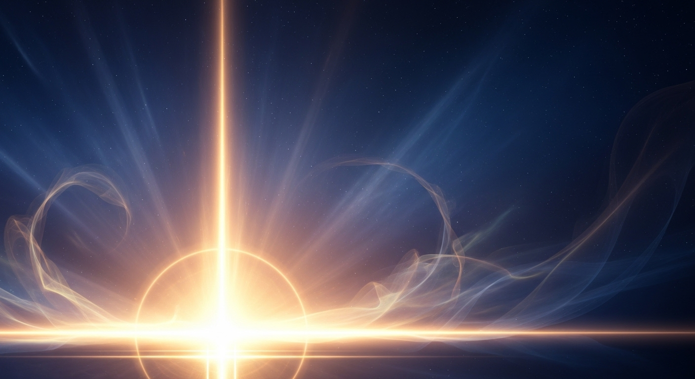 A conceptual digital painting showing a radiant golden light emanating into a cosmic indigo background, with subtle iridescent mist and an abstract, light-outlined cross, symbolizing Jesus Christ as divine truth, light, and salvation.