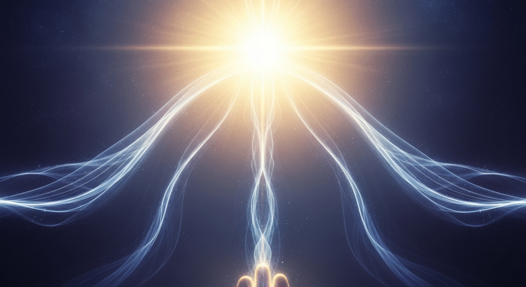 A conceptual digital painting showing a radiant golden light emanating spiritual energy, symbolizing the anointing and divine empowerment.
