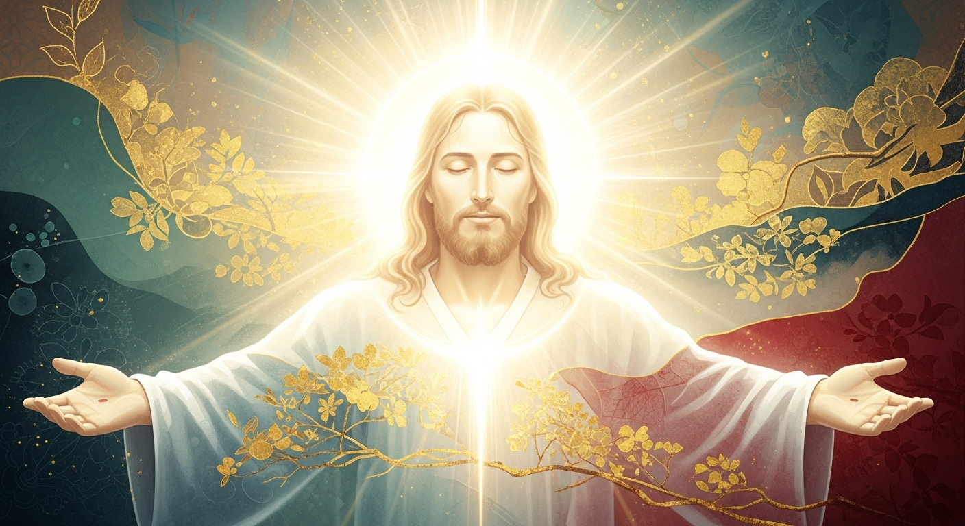 A conceptual digital painting showing a radiant, luminous representation of Christ's divine presence, integrating subtly with elegant Korean art-inspired patterns, symbolizing universal truth transcending cultures.