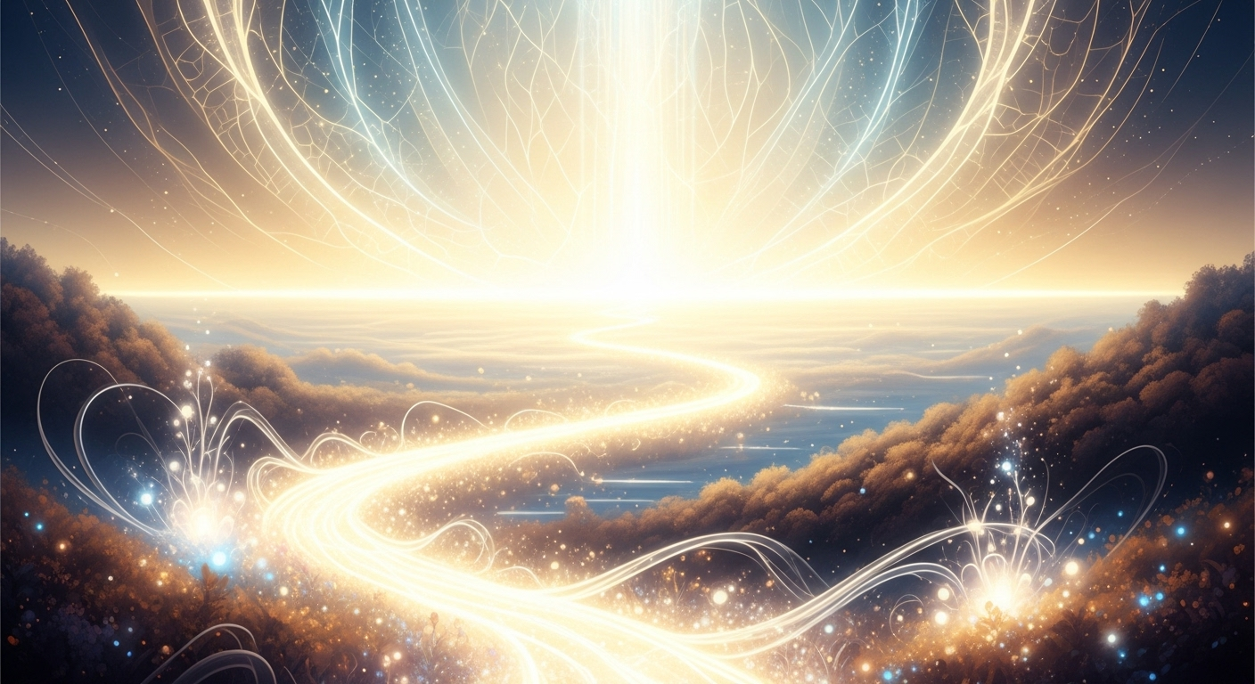 A conceptual digital painting showing a radiant light illuminating a winding path through a serene, ethereal landscape, symbolizing Jesus as the Way, the Truth, and the Life.