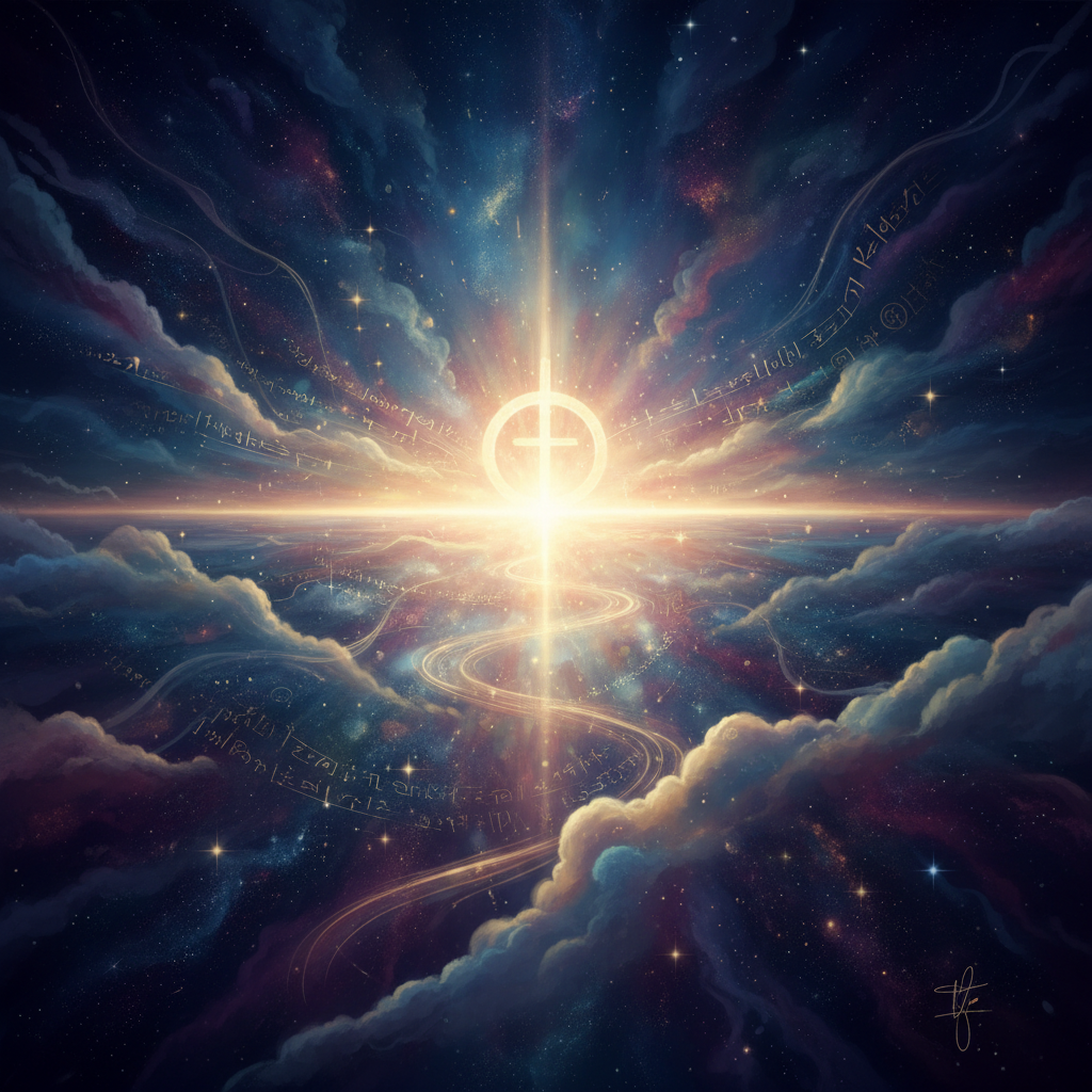 A conceptual digital painting showing a radiant light symbolizing Christ's guiding presence amidst a serene, cosmic backdrop with abstract elements hinting at end times prophecy and divine foresight.