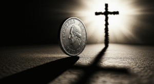 A conceptual digital painting showing a single silver coin casting a long shadow, set against a softly lit background featuring the silhouette of a wooden cross, symbolizing the themes of betrayal, choice, and God's redemptive plan.