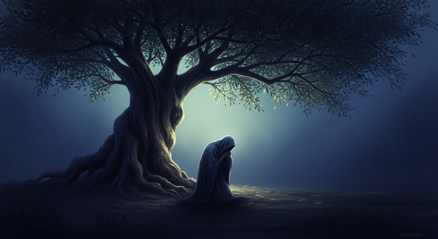 A conceptual digital painting showing a solitary, bowed figure under an ancient olive tree in pre-dawn light, symbolizing profound spiritual struggle and impending sacrifice.