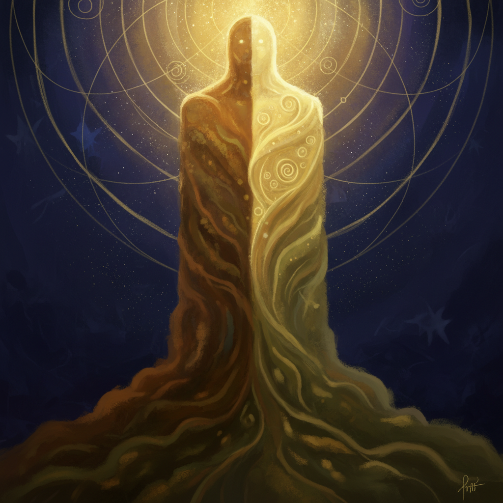 A conceptual illustration depicting a column of light and form, with its base rooted in earthy tones transitioning upwards into ethereal golden light, symbolizing the dual divine and human nature of Christ as the Son of Man.