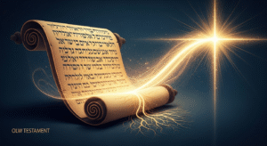 A conceptual illustration depicting a warm, golden light emerging from an ancient scroll with subtle Hebrew text, transforming into a radiant cross or halo, symbolizing the connection between Jesus' Jewish heritage and the Christian faith.