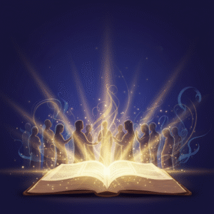 A conceptual illustration of an open, glowing Bible with light emanating outwards towards silhouetted figures, symbolizing spiritual guidance and teaching.