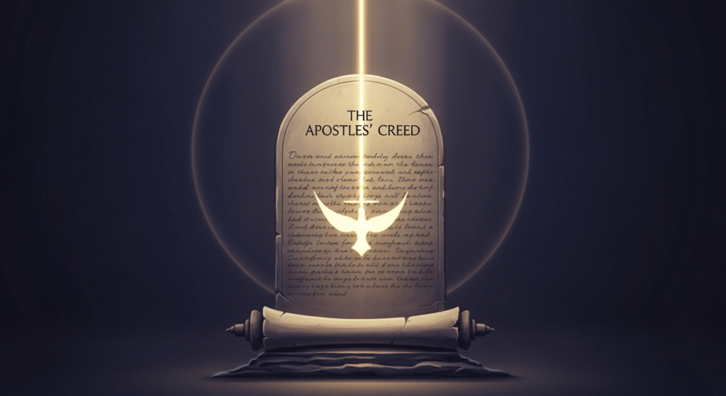 A conceptual illustration showing an ancient scroll or stone tablet, representing the Apostles' Creed, from which ethereal golden light emanates, subtly forming a cross or dove, resting on a solid foundation, symbolizing enduring faith and biblical truth.