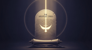 A conceptual illustration showing an ancient scroll or stone tablet, representing the Apostles' Creed, from which ethereal golden light emanates, subtly forming a cross or dove, resting on a solid foundation, symbolizing enduring faith and biblical truth.