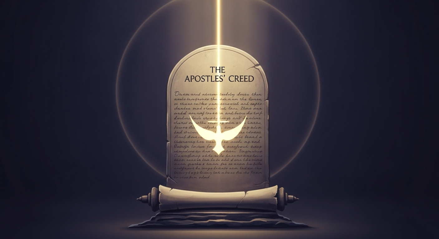 A conceptual illustration showing an ancient scroll or stone tablet, representing the Apostles' Creed, from which ethereal golden light emanates, subtly forming a cross or dove, resting on a solid foundation, symbolizing enduring faith and biblical truth.