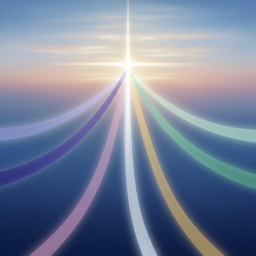 A conceptual image depicting a luminous, abstract cross as the central source from which seven distinct rays of light emanate, set against a reverent twilight to dawn sky, symbolizing profound, completed truths.