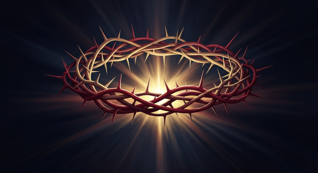 A conceptual image featuring a luminous, stylized crown of thorns, glowing with inner light against deep, spiritual shadows, symbolizing Christ's profound sacrifice and redemptive love.