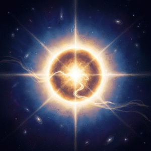 A conceptual image of a brilliant, golden-white star radiating divine light into cosmic darkness, symbolizing Jesus as the Bright and Morning Star.