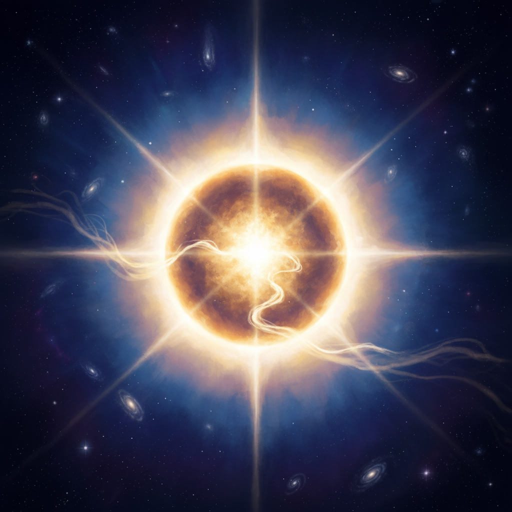 A conceptual image of a brilliant, golden-white star radiating divine light into cosmic darkness, symbolizing Jesus as the Bright and Morning Star.