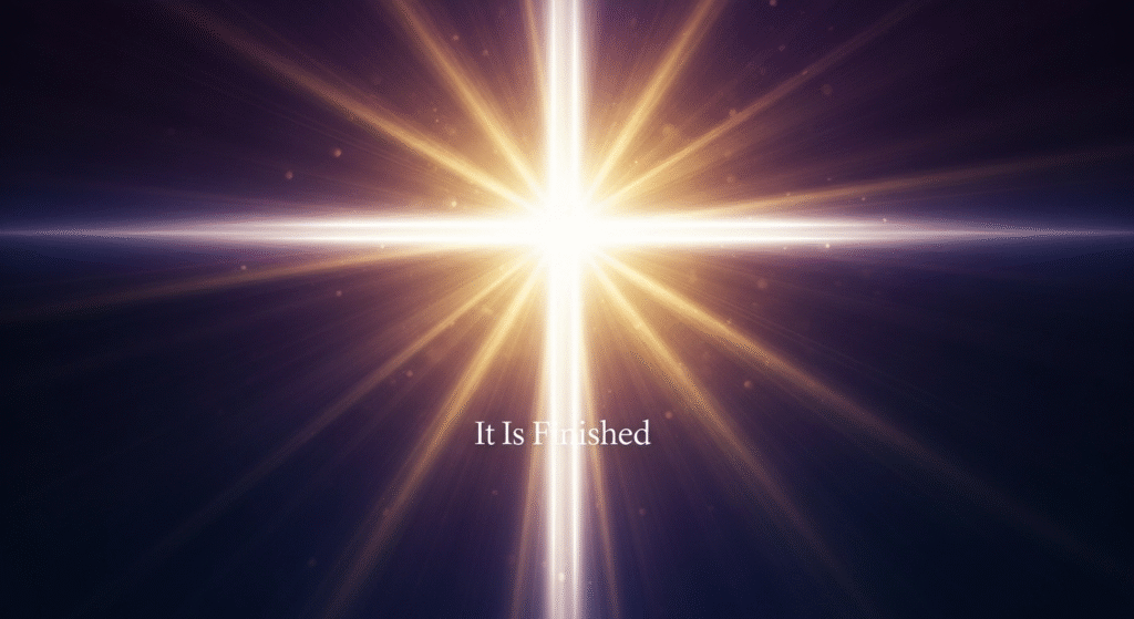 A conceptual image showing a brilliant, ethereal cross of light emerging from darkness, symbolizing Christ's victory over death and the divine completion of His redemptive work.