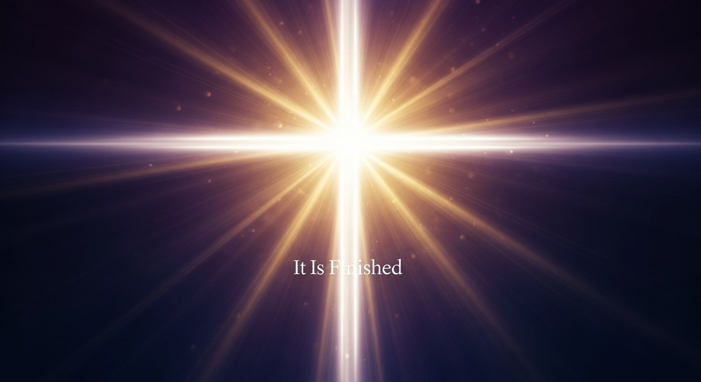 A conceptual image showing a brilliant, ethereal cross of light emerging from darkness, symbolizing Christ's victory over death and the divine completion of His redemptive work.