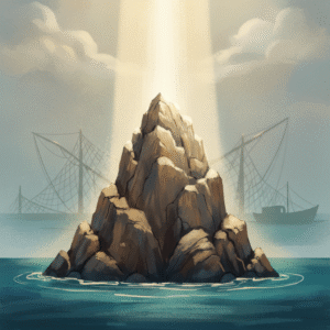 A conceptual, painterly image depicting a strong, rugged rock emerging from calm water, illuminated by a golden beam of divine light, with subtle hints of fishing nets in the background, symbolizing Simon Peter's transformative calling and foundational faith.