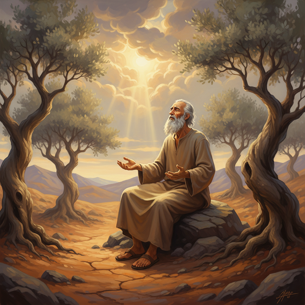A contemplative figure in a quiet landscape, symbolizing spiritual hunger and thirst, looking towards a hopeful light.
