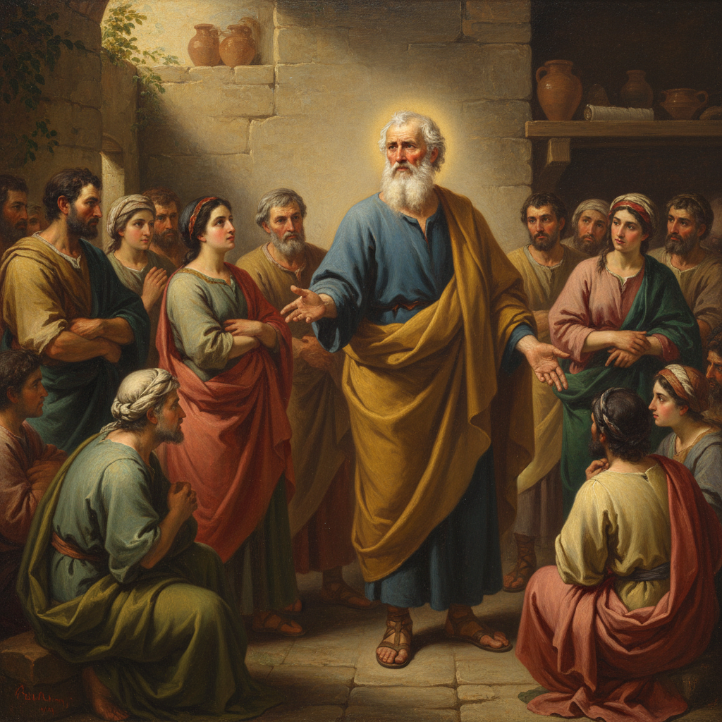 A depiction of an older Simon Peter, teaching and leading a small group of early Christian believers.