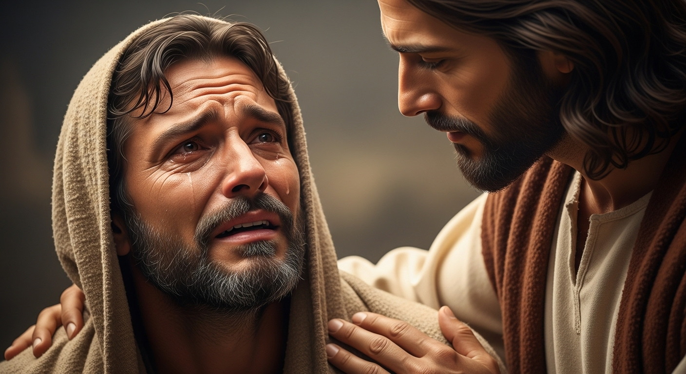 A distressed father with tears in his eyes, pleading with a compassionate Jesus who comforts him.