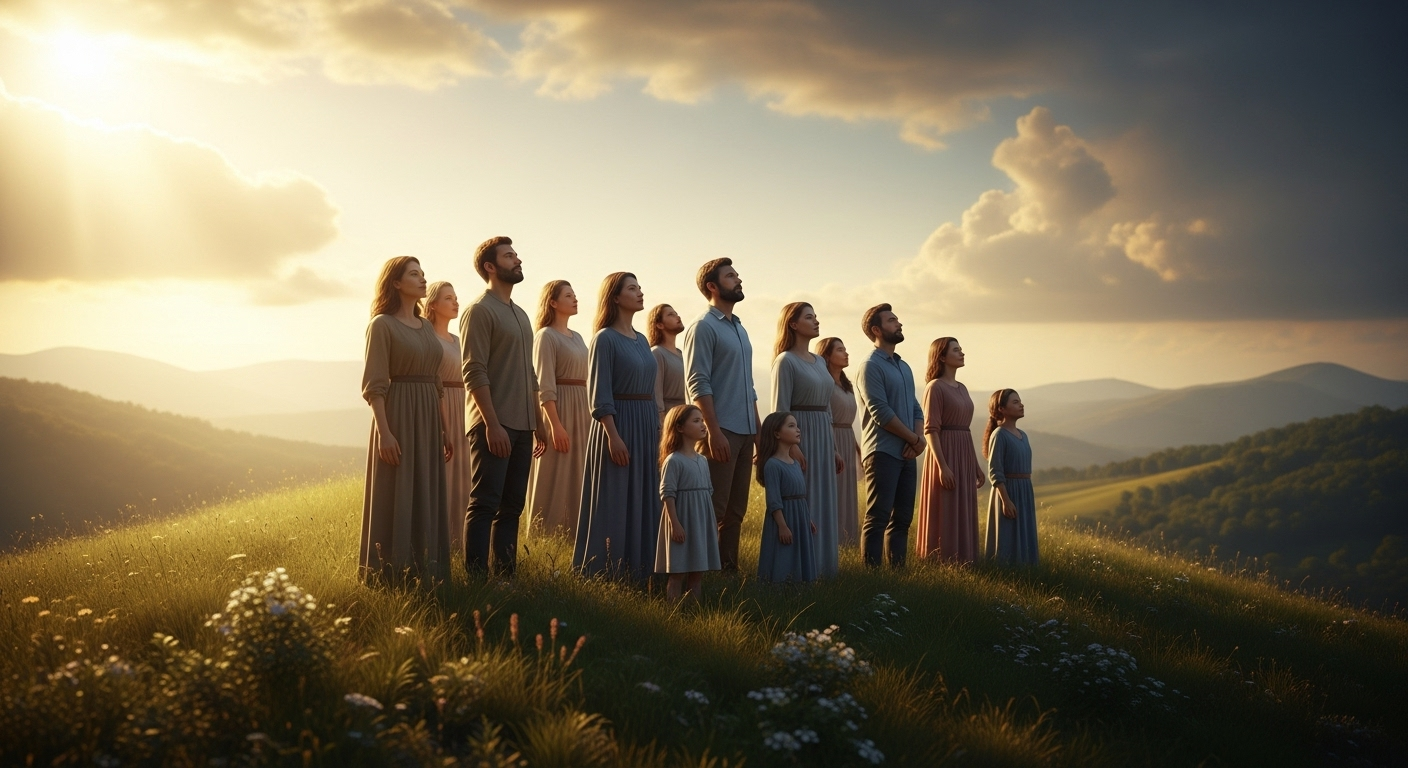 A diverse group of believers looking towards a radiant, hopeful sky, filled with anticipation.