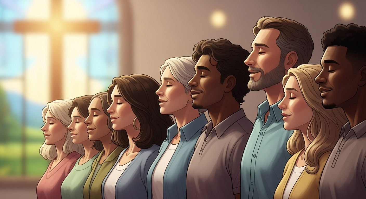 A diverse group of people standing together in unity and peace, representing shared faith in Jesus Christ.