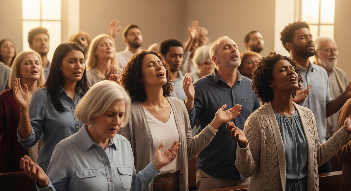 A diverse group of people with hands raised in joyful worship and prayer, responding to the resurrection.