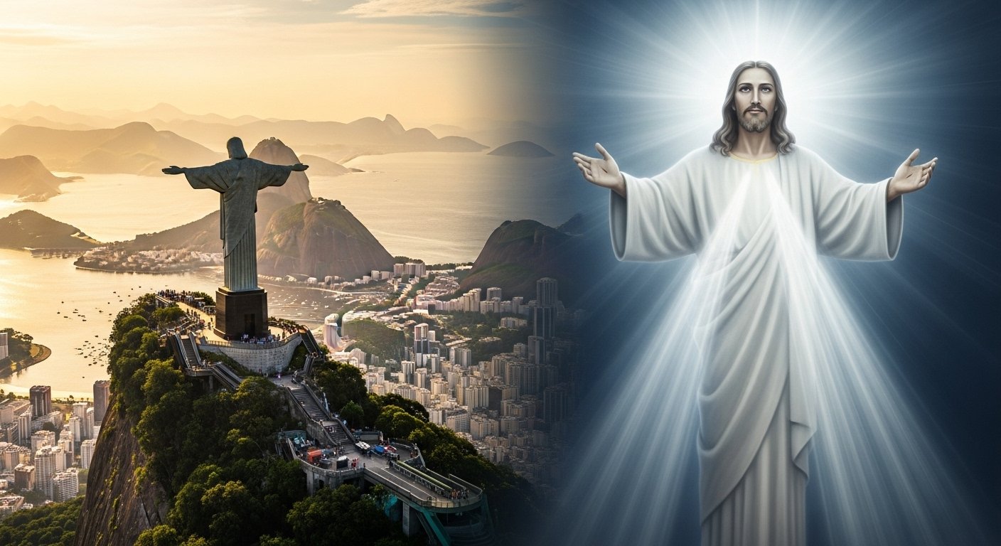 A dual image contrasting the monumental 'Christ the Redeemer' statue in Rio at dawn with an abstract, luminous portrayal of Jesus's divine, redeeming spiritual power.