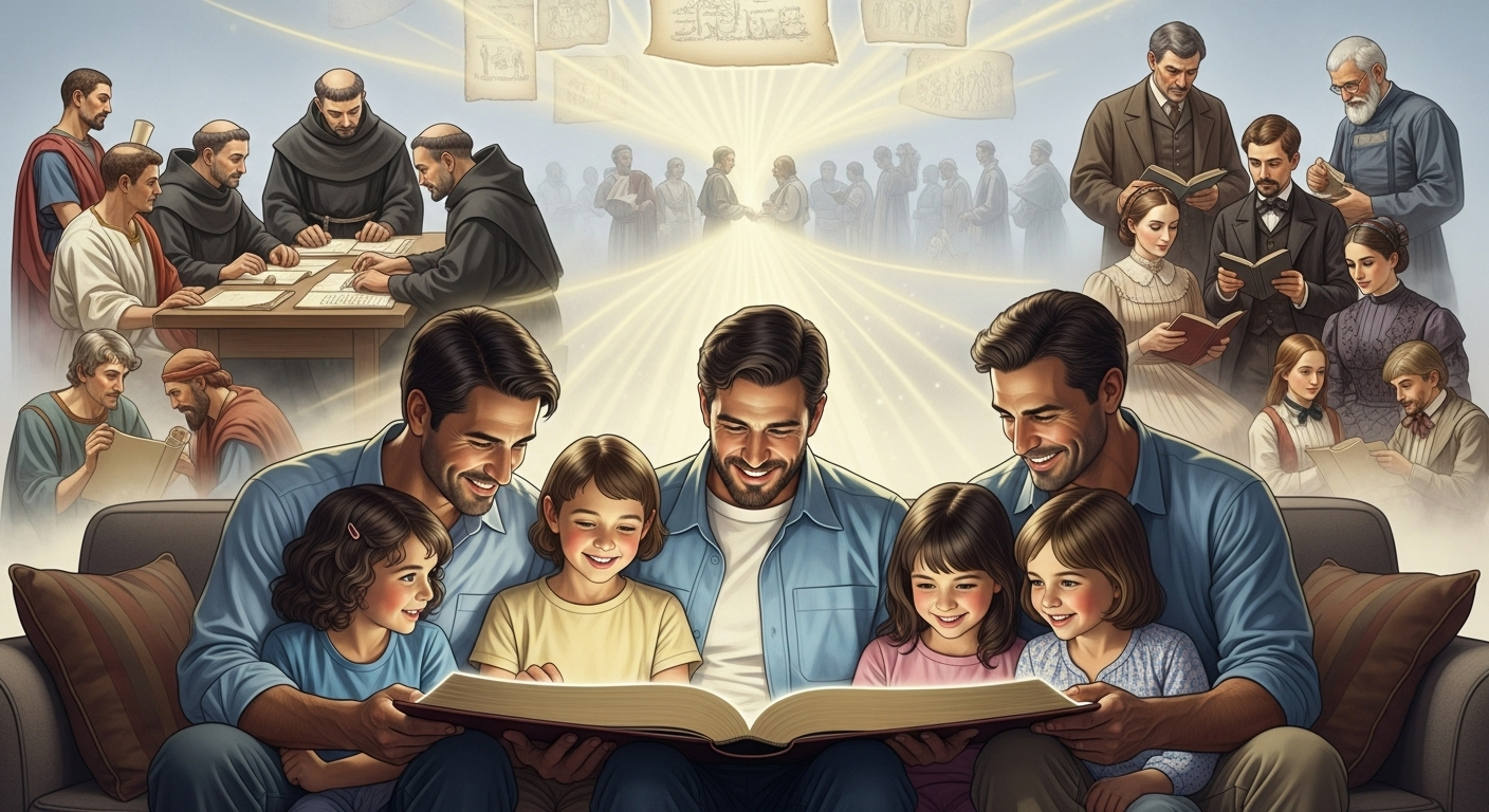 A multi-generational scene showing people from different historical periods, including a modern family, finding inspiration and wisdom in Jesus' parables.