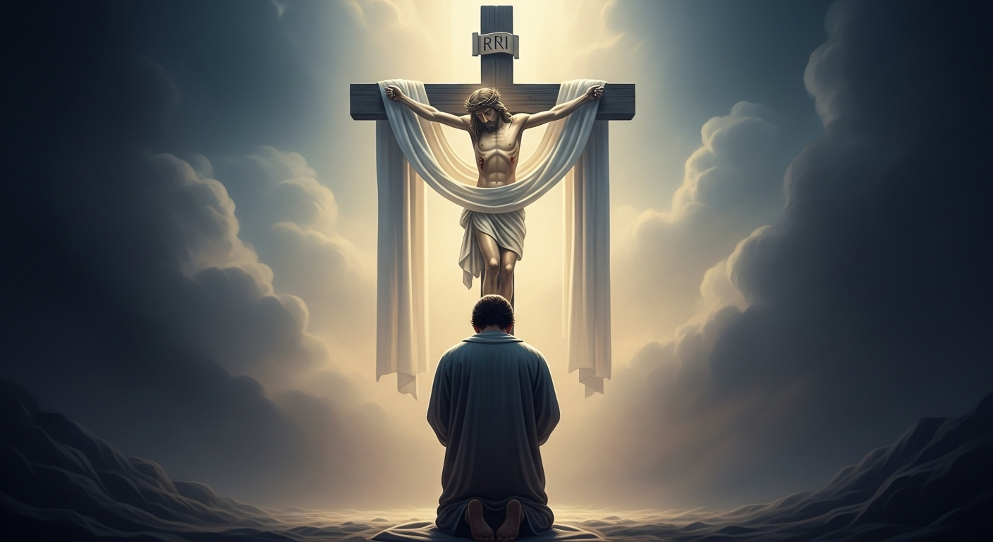 A person kneels in prayer before a cross, inspiring contemplation and devotion.