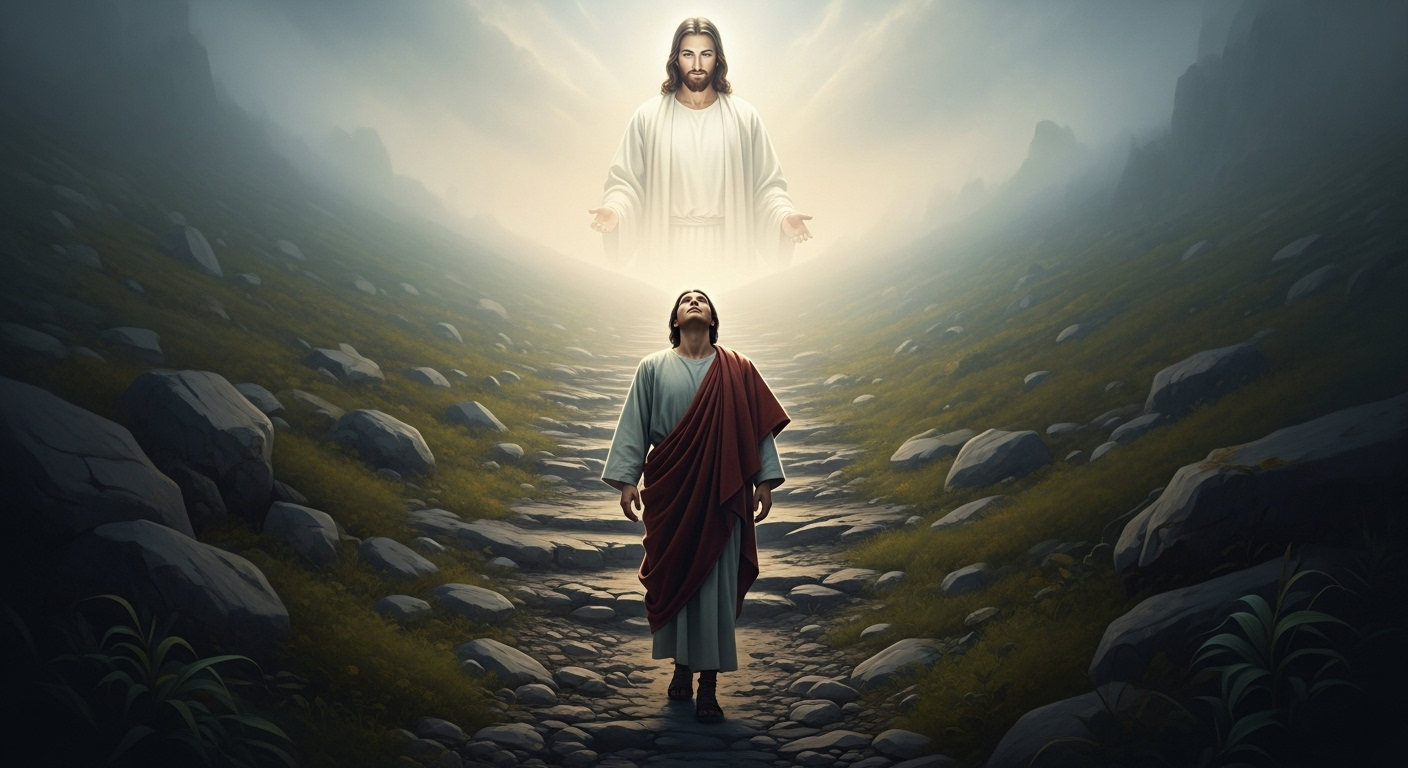 A person on a challenging path looking towards a distant, radiant Jesus, symbolizing faith and perseverance.