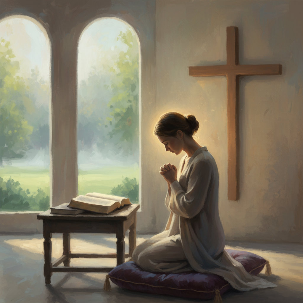 A person reflecting with an open Bible and a small cross, representing spiritual contemplation on Good Friday.