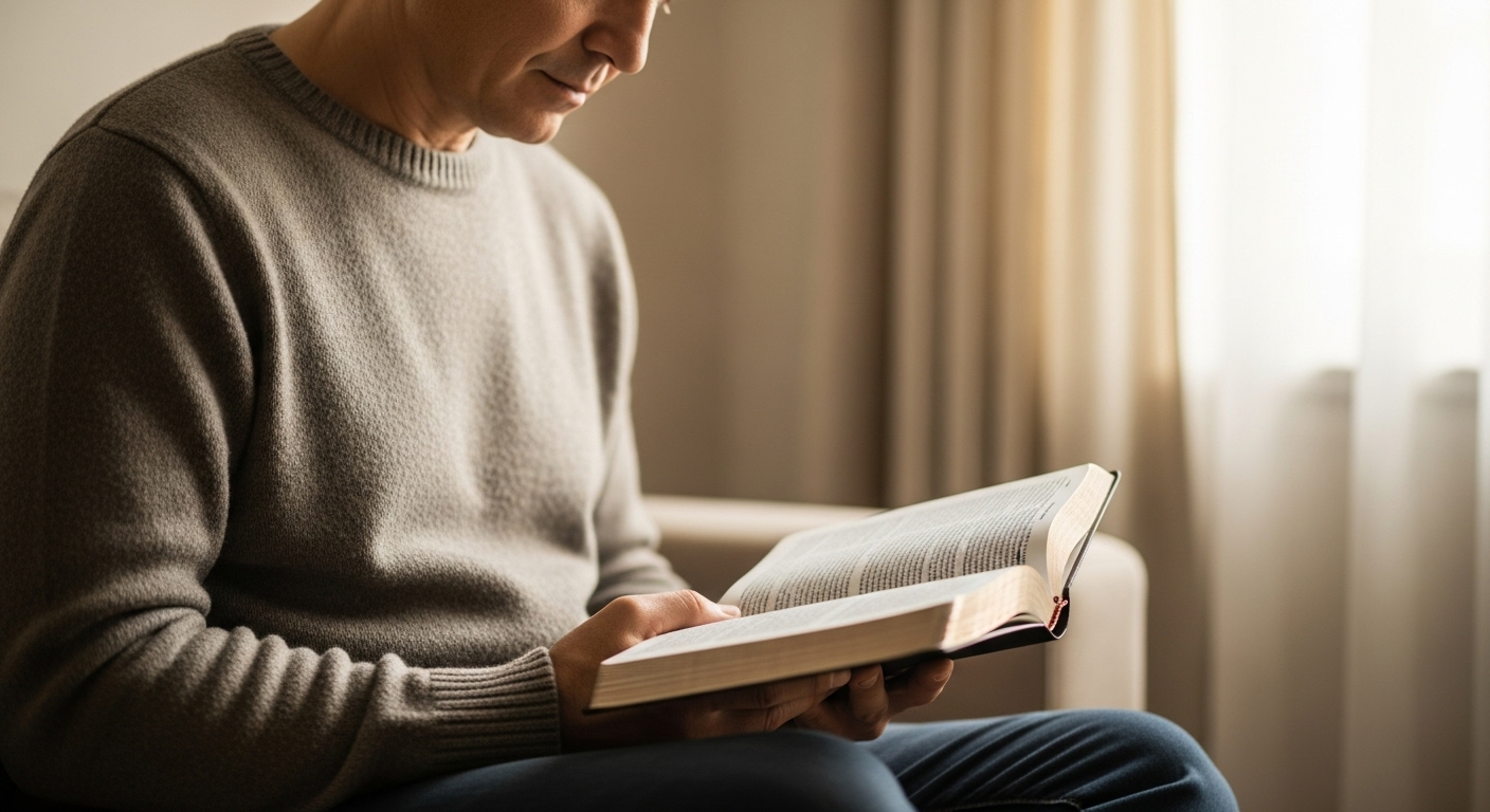 A person thoughtfully reads an open Bible in a warmly lit room, representing Christian study and devotion.