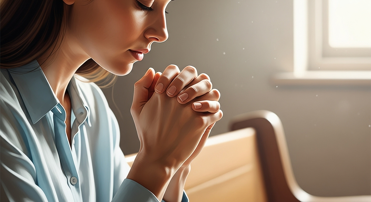 A person with hands clasped, deep in prayer, conveying peace and devotion.