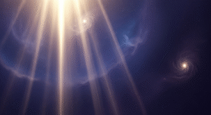 A radiant, golden-white light descends through a deep indigo and violet cosmic background, symbolizing divine hope and the spiritual longing for Jesus' return.