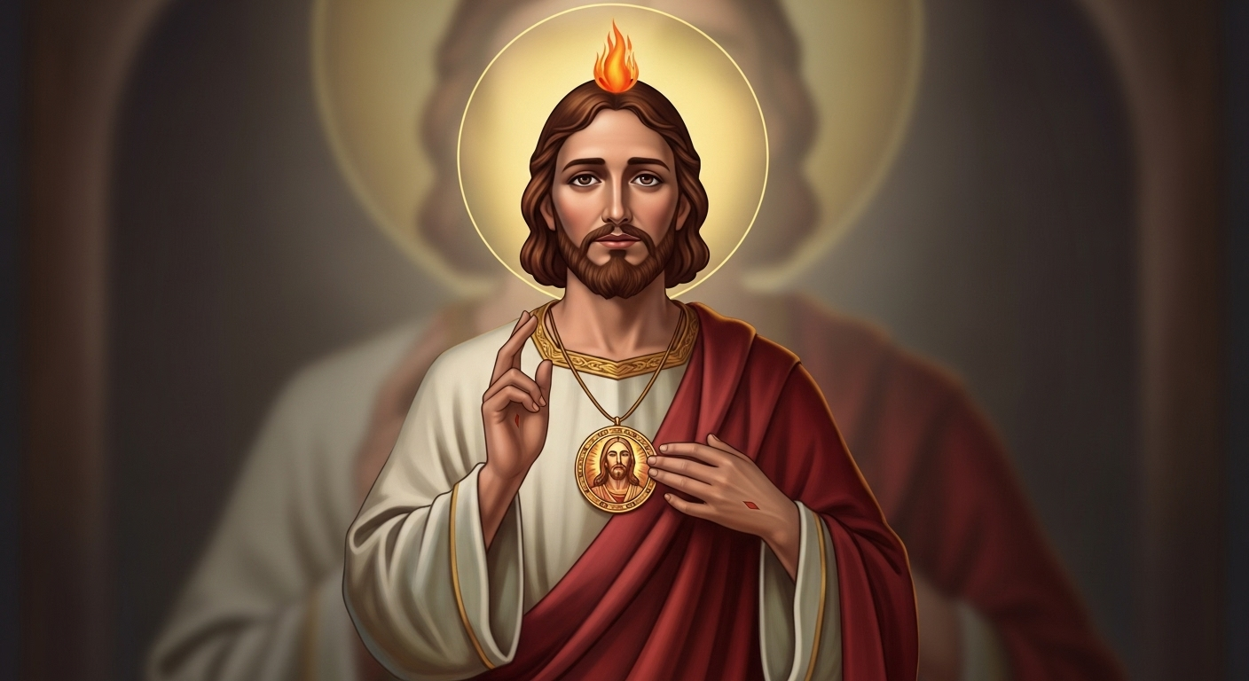 A reverent image of Saint Jude Thaddeus with a flame above his head and a medallion of Jesus, symbolizing hope.
