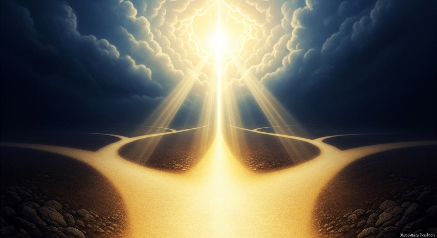 A single, brightly lit path leading to a divine light, while other paths fade into shadow, symbolizing Jesus as the exclusive way.
