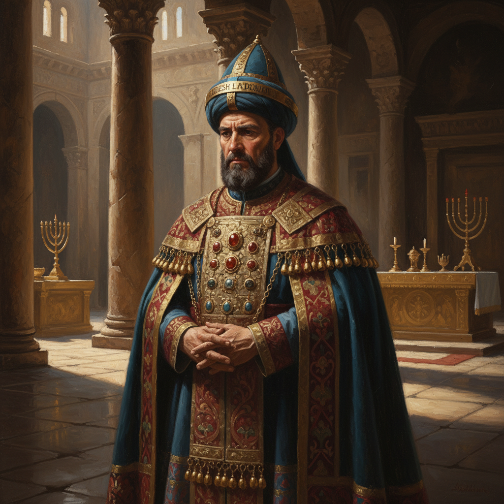 A solemn and authoritative depiction of Caiaphas, the Jewish High Priest, in his ceremonial robes within an ancient temple setting.